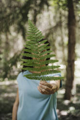 Mittlere erwachsene Frau hält grünes Farnblatt im Wald - EBBF04464