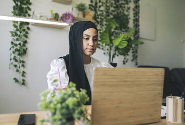 Young female freelancer using laptop at home office - JCCMF03451