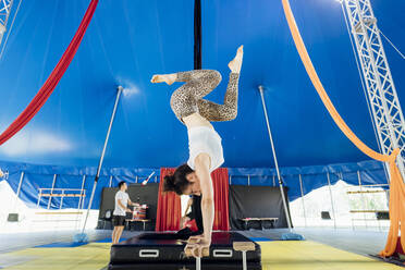 Weibliche Akrobatin macht Handstand auf einem Stock im Zirkuszelt - MEUF03793