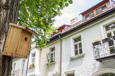 Germany, Bavaria, Munich, Birdhouse hanging in front of old townhouses - MAMF01963