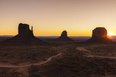 Monument Valley with West Mitten Butte, East Mitten Butte and Merrick Butte, Monument Valley Tribal Park, Arizona, United States of America, North America - RHPLF20596