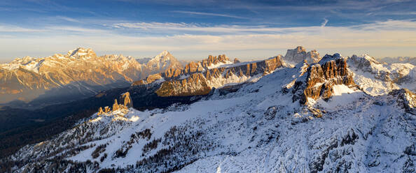 Cinque Torri, Sorapiss, Antelao, Pelmo, Averau and Lastoi De Formin mountains at sunset, aerial view, Dolomites, Veneto, Italy, Europe - RHPLF20669