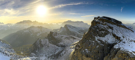 Aerial view of sunset over Mount Lagazuoi in autumn, Fanis Group, Dolomites, Belluno province, Veneto, Italy, Europe - RHPLF20671