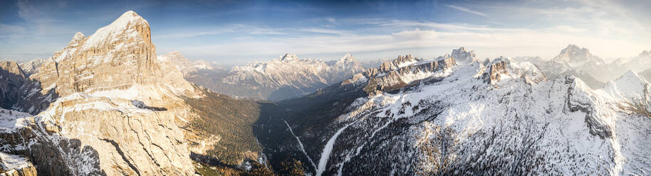 Aerial view of Tofana di Rozes, Sorapiss, Antelao, Pelmo, Nuvolau and Civetta peaks at sunset, Dolomites, Veneto, Italy, Europe - RHPLF20674