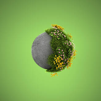 Three dimensional render of springtime meadow overgrowing concrete sphere - AHUF00639