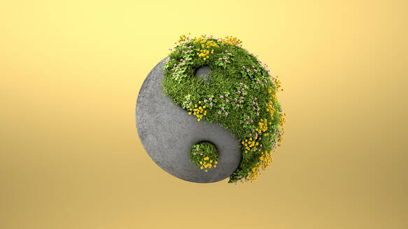 Dreidimensionales Rendering von Yin- und Yang-Symbol aus Beton und Frühlingswiese - AHUF00644