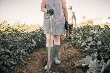 Weibliche Landarbeiterin hält eine Schaufel in der Hand, während sie auf einer Gemüsefarm steht - GRCF00814