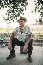Älterer Bauer mit Hut auf einem Baumstumpf sitzend - GRCF00830
