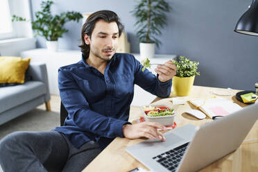 Businessman eating lunch while working on laptop at home - BSZF01880