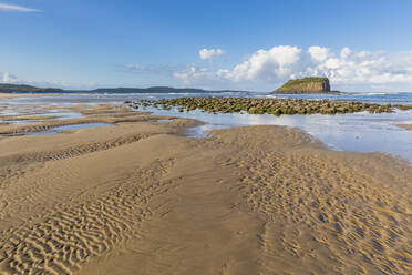 Minnamurra Beach im Sommer mit Stack Island im Hintergrund - FOF12133