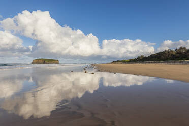 Clouds reflecting in coastal water at Minnamurra Beach with Stack Island in background - FOF12137