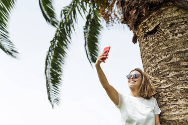 Junge Frau mit Sonnenbrille nimmt Selfie durch Smartphone in der Nähe von Palmen - PGF00745