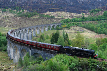 Der Jacobite Express beim Überqueren des Glenfinnan-Viadukts, Mallaig, Highlands, Schottland, Vereinigtes Königreich, Europa - RHPLF20745