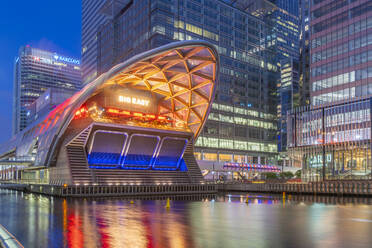 View of the Crossrail Station in Canary Wharf and tall buildings at dusk, Docklands, London, England, United Kingdom, Europe - RHPLF20753