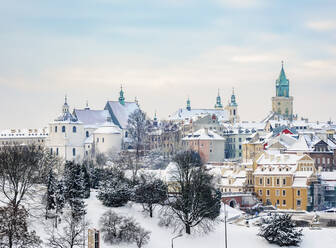 Old Town skyline featuring Dominican Priory, Cathedral and Trinitarian Tower, winter, Lublin, Lublin Voivodeship, Poland, Europe - RHPLF20781