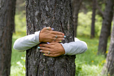 Frau umarmt Baumstamm im Wald - SIPF02335