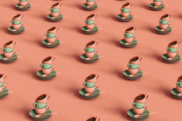 Dreidimensionales Muster von Reihen von Kaffeetassen auf Platten gestapelt flach gegen Pastell rosa Hintergrund gelegt - GCAF00145