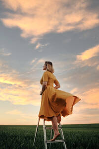 Ganzkörper-Seitenansicht einer nicht erkennbaren barfüßigen Frau in einem Kleid im Vintage-Stil, die auf einer Leiter in einer grünen Wiese vor einem wolkenverhangenen Sonnenuntergangshimmel steht und in die Ferne schaut, als Konzept von Traum und Freiheit - ADSF28632