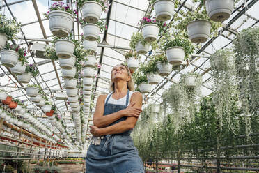 Female greenhouse worker with arms crossed looking at hanging basket in plant nursery - VPIF04672