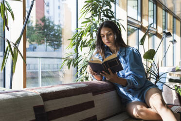 Eine Freiberuflerin liest ein Buch, während sie auf dem Sofa in einem Café sitzt - PNAF02138