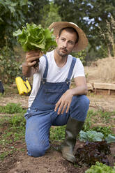 Landwirt mit Hut beim Analysieren von frischem Salat auf einem landwirtschaftlichen Feld - VEGF04941