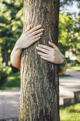 Die Hände einer Frau umarmen einen Baumstamm in einem öffentlichen Park - OYF00418
