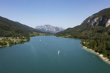 Drone view of Mondsee lake and Hollengebirge range - WWF05820