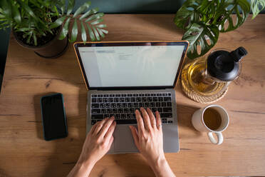 Draufsicht auf eine nicht erkennbare weibliche Freiberuflerin, die auf einem Laptop tippt, während sie bei der Fernarbeit am Tisch sitzt - ADSF29421