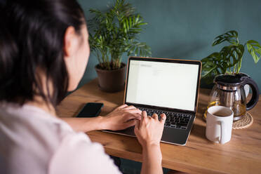 Rückenansicht einer nicht erkennbaren asiatischen Freiberuflerin, die am Tisch sitzend Dokumente auf dem Laptop liest, während sie ferngesteuert arbeitet - ADSF29422