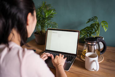 Back view of unrecognizable Asian female freelancer reading documents on laptop while sitting at table during remote work - ADSF29424