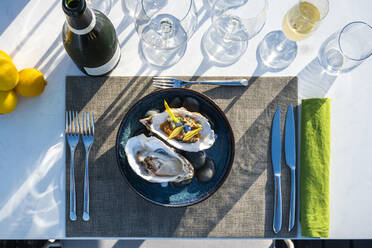 Köstliches und gut dekoriertes Austerngericht mit Champagner in einem Restaurant mit gehobener Küche - ADSF29465