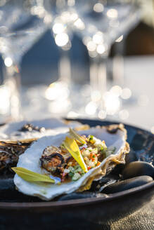 Delicious and well decorated oyster's dish at outdoor high cuisine restaurant - ADSF29467