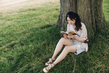 Junge Frau liest ein Buch und sitzt unter einem Baum im Park - ASGF01378