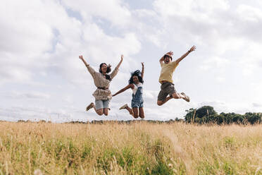 Happy friends enjoying while jumping on meadow - ASGF01385