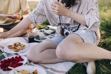 Friends having food while sitting on picnic blanket - ASGF01400