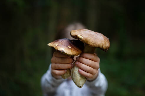 Mädchen hält Pilze im Wald - CAVF94659