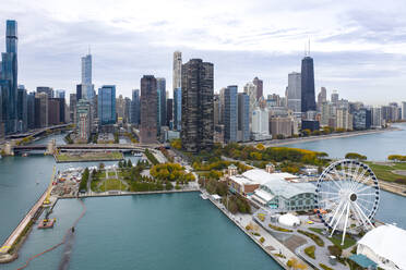 Aerial view of Chicago Illinois skyline over Navy Pier - CAVF94792