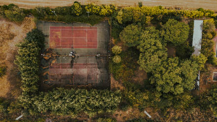 Luftaufnahme der Bäume, die die aufgegebenen Tennisplätze umgeben - ACPF01309