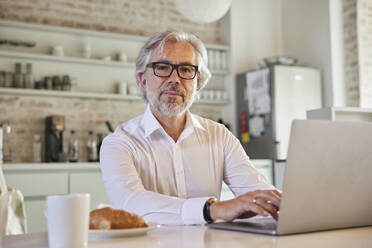 Älterer Geschäftsmann mit grauen Haaren arbeitet am Laptop in der Cafeteria - RBF08308