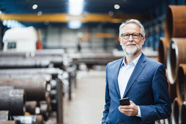 Male managing director with mobile phone at warehouse - JOSEF05741