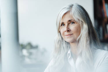 Mature woman with gray hair in coffee shop - JOSEF05826