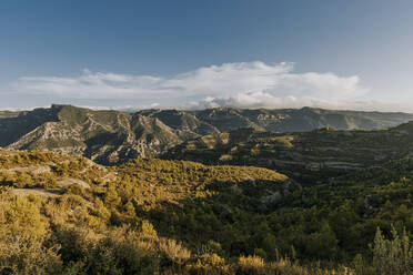 Luftaufnahme der Berge von Les Garrigues in der frühen Abenddämmerung - OCAF00747