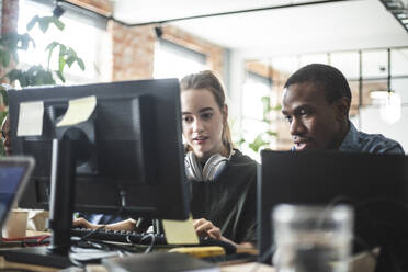 Female and male programmers coding on computer at office - MASF25254