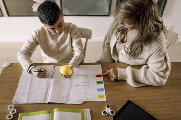 High angle view of mother teaching autistic son in living room - MASF25610