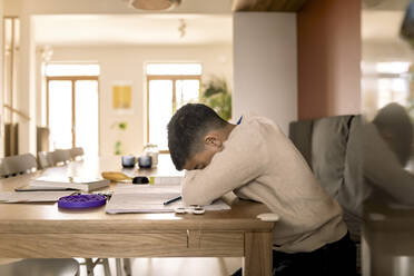 Tired boy with head down over table in living room - MASF25621