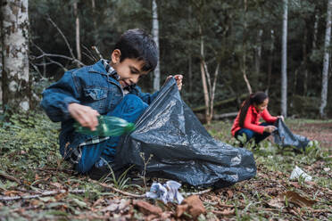 Ethnische Freiwillige mit Plastiksäcken, die im Sommerwald bei Tageslicht Müll vom Gelände gegen Bäume sammeln - ADSF30011
