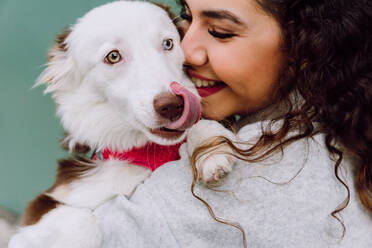 Entzückte Besitzerin umarmt süßen Border Collie Hund und lächelnd mit geschlossenen Augen auf blauem Hintergrund - ADSF30238