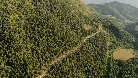 Luftaufnahme einer Landstraße, die sich durch die bewaldete Landschaft der Pyrenäen zieht - OCAF00756