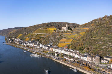 Germany, Rhineland-Palatinate, Kaub, Helicopter view of riverside town in Upper Middle Rhine Valley - AMF09260