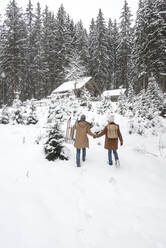 Young couple with sled walking on snow in forest - HHF05683